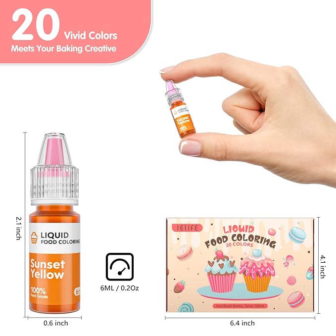 Food Coloring Liquid Set - Jelife 20 Colors Liquid Easter Eggs Dye Kit Edible Cake Decorating Color Flavorless Vibrant Food Dye for Baking Macaron Frosting Fondant Cookie(6ml/Bottles)