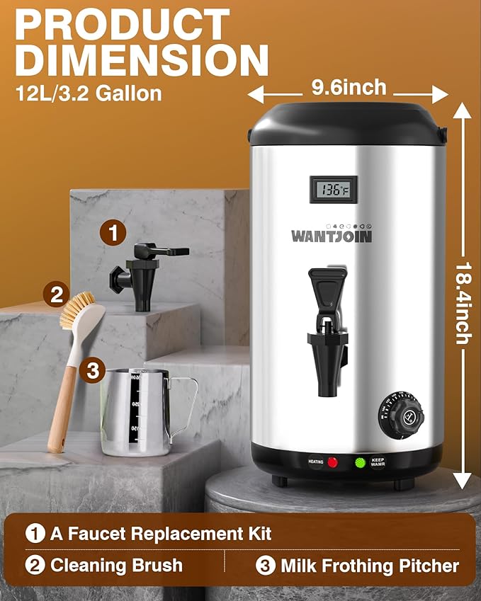 WantJoin Electric Heating Beverage Dispenser-75 Cup Hot&Cold water Urn-Stainless Steel Premium 12 L/3.2 Gallon Hot Drink Dispenser with Spigot for Coffee & Hot tea,Cold Milk,Water,Juice(Silver)