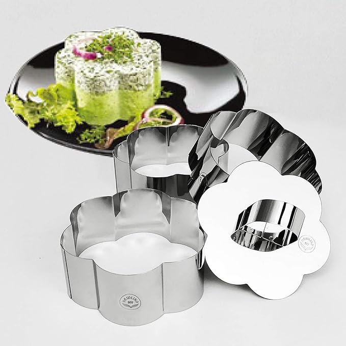 NEWLINE NY Stainless Steel Dessert Rings (4 Pcs) Flower Shape Molded Appetizers Salads Pastries Mousse Molding Layering Cutter