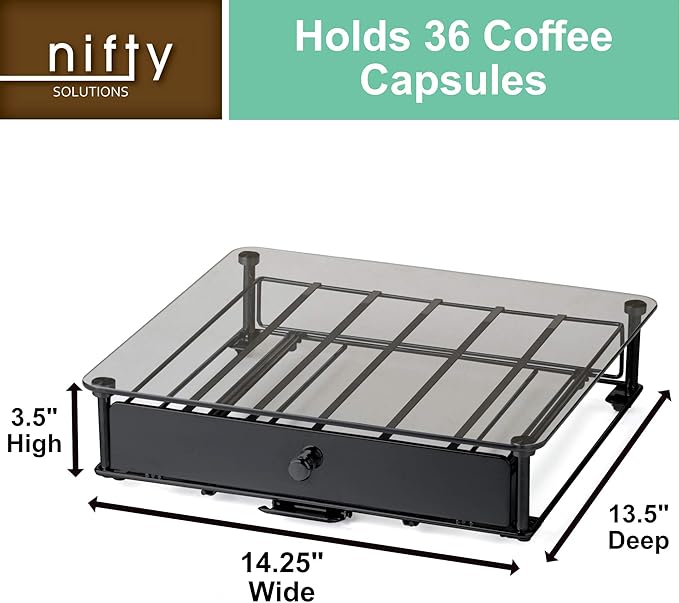 Nifty Rolling Coffee Pod Drawer – Tempered Glass, Black, Compatible with K-Cups, 36 Pod Pack Holder, Compact Under Coffee Pot Storage Drawer, Slim Home Kitchen Counter Organizer
