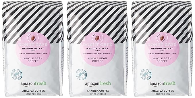 AmazonFresh Donut Cafe Whole Bean Coffee, Medium Roast, 12 Ounce (Pack of 3)