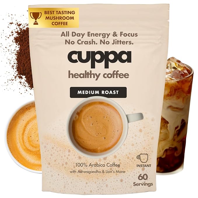 Cuppa Healthy Mushroom Insant Coffee with Lion's Mane & Ashwagandha for All Day Energy & Focus - No Crash or Jitters - Nootropics for Brain Health, Gut Health, Immunity, Stress, Memory + Mood - 60 Servings