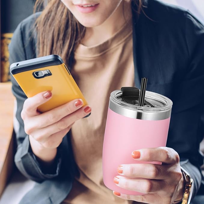 VEGOND Stainless Steel 12 oz Tumblers bulk Vacuum Insulated Double Wall Travel Tumbler with Lid and Straw Reusable Tumbler,Pink 12 pack