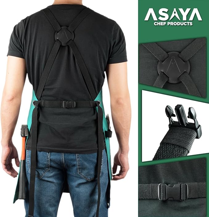 Asaya Chef and BBQ Apron with Bottle Opener and Hand Towel - 10oz Cotton Canvas, Stainless Steel Hardware - Cross Back Straps