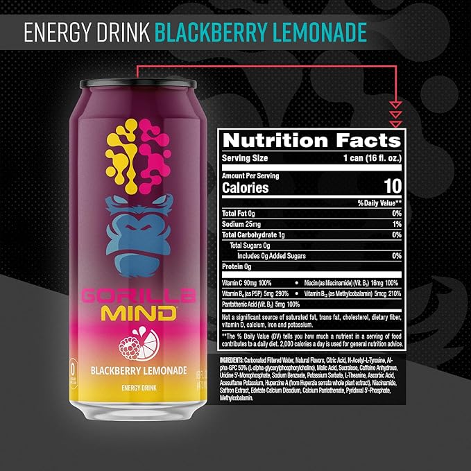 Gorilla Mind Energy Drink | Unmatched Energy · Amplified Focus | N-Acetyl-L-Tyrosine, Alpha-GPC, 200mg Caffeine, Uridine, Saffron | 0 Sugar Or Artificial Colors | 16oz, 12-Pack (Blackberry Lemonade)