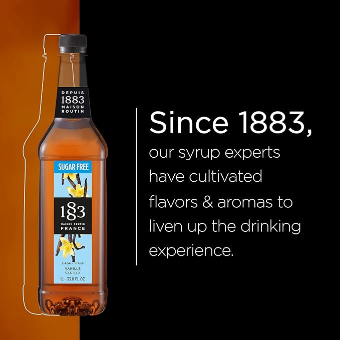 1883 Sugar Free Vanilla Syrup – Sugar Free Vanilla Coffee Syrup, Zero Calorie Beverage Mixer, Made in France, 1 Liter Plastic Bottle