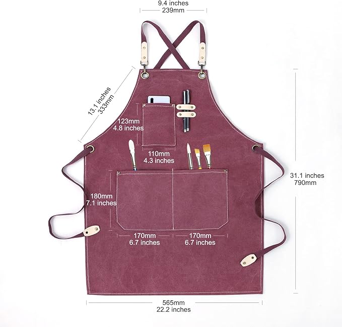 Cotton Canvas Cross Back Apron for Art Painting Garden Chef Bartender Work,Women Men 3 Pockets Waterproof Adjustable M-XXL