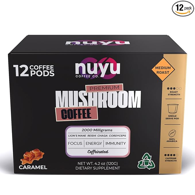 Nuyu Mushroom Coffee Pods, Caramel, K-Cups, 100% Medium Roast Arabica Coffee with Lion's Mane, Reishi, Chaga, Cordyceps, 2000mg per Pod (12, Caramel)