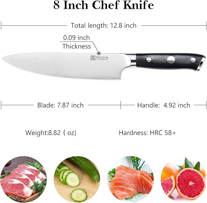 PAUDIN Chef Knife 8 Inch, Professional Kitchen Knife, 7Cr17MoV German Stainless Steel Forged Chefs Knives with Ergonomic G10 Handle, Classic Chef's Knives Meat Knife with Gift Box