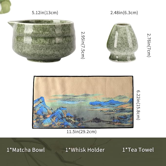 Japanese Ceramic Matcha Bowl - 16oz Speckle Glaze Chawan & Whisk Stand for Perfect Froth, Dishwasher Safe Green