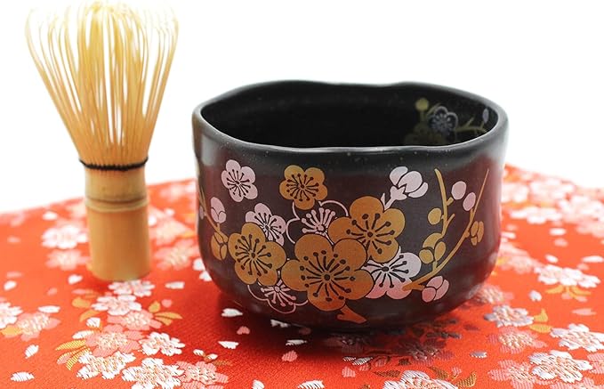 Japanese Traditional Mino Ware Handcrafted Mini Matcha Chawan Tea Bowl Cup Set With Chasen Bamboo Tea Whisk Ceremony Tableware Pottery (Tenmoku Ume)