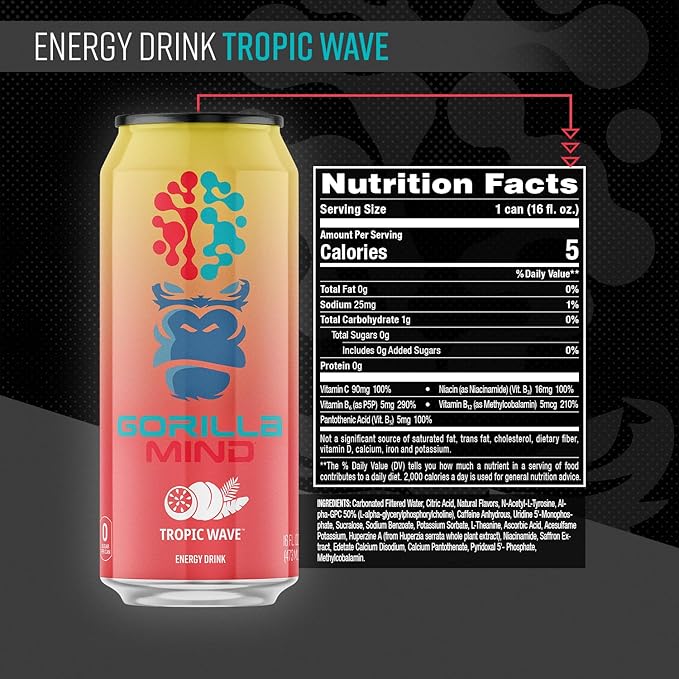 Gorilla Mind Energy Drink | Unmatched Energy · Amplified Focus | N-Acetyl-L-Tyrosine, Alpha-GPC, 200mg Caffeine, Uridine, Saffron | 0 Sugar Or Artificial Colors | 16oz, 12-Pack (Tropic Wave)