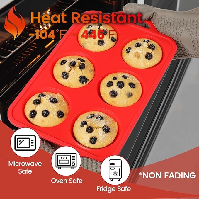 Jumbo Muffin Pan, 3.5 Inch Large Muffin Pan with Metal Reinforced Frame 6 Cup Silicone Jumbo Cupcake Pans for Baking Easy to Handle 2 Pack Red