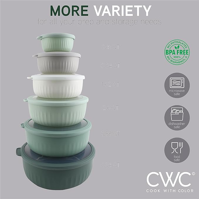 COOK WITH COLOR Prep Bowls with Lids- Wide and Deep Nesting Plastic Small Mixing Bowl Set with Lids, 12 Piece Set - Wide Bowls, Sage