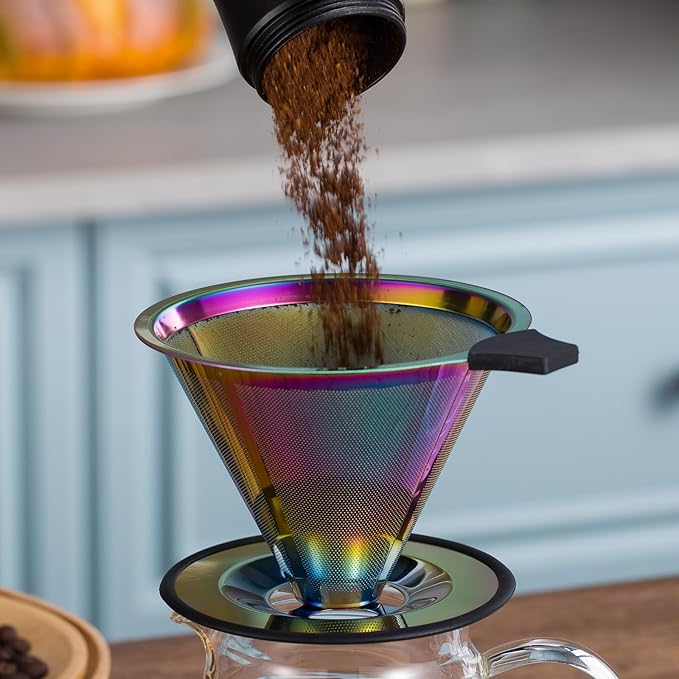 Pour Over Coffee Dripper INSINTAR Reusable Stainless Steel Coffee Filter Paperless Metal Coffee Strainer Single Cup Coffee Maker 1-4 Cup for Camping,Travel,Office and Home(Titanium Iridescent)