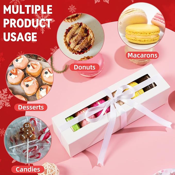 HAPPY POTATO Macaron Boxes for 4 or 5, 4×1.9×1.9 Inches, Macaron Packaging Boxes, Pink Macaron Box with Window, Macaron Container Gift Boxes with Ribbon