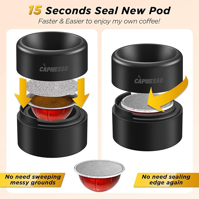 CAPMESSO Reusable Vertuo Pod Refill Kit, Faster Seal Reusable Nespresso Vertuo Pods with Fill & Press Brush,100pcs Aluminum Foil Lids for Refillable Nespresso Pods Vertuo
