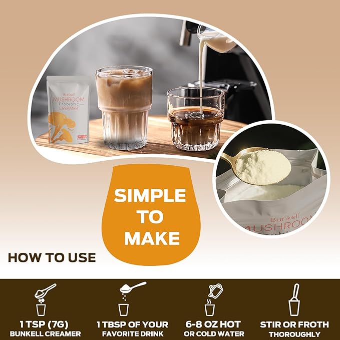 Bunkell Mushroom Coffee Creamer, Adaptogenic 6 Mushrooms with Lion's Mane, Reishi, Cordyceps, Shiitake, King Trumpet, Turkey Tail, Probiotics Creamer for Energy, Focus & Digestion Support, 30 Servings