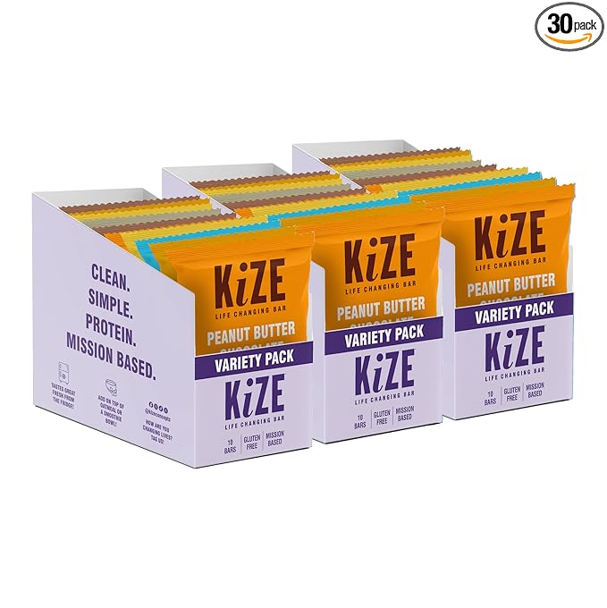 KiZE Energy Bars - Best Sellers Variety Pack - 30-Count -Gluten Free, Dairy Free Options, Non-GMO, and High Protein Meal Replacement Energy Bars, Clean and Simple Food Ingredients - 7-10g High Protein Snacks (30 Count)