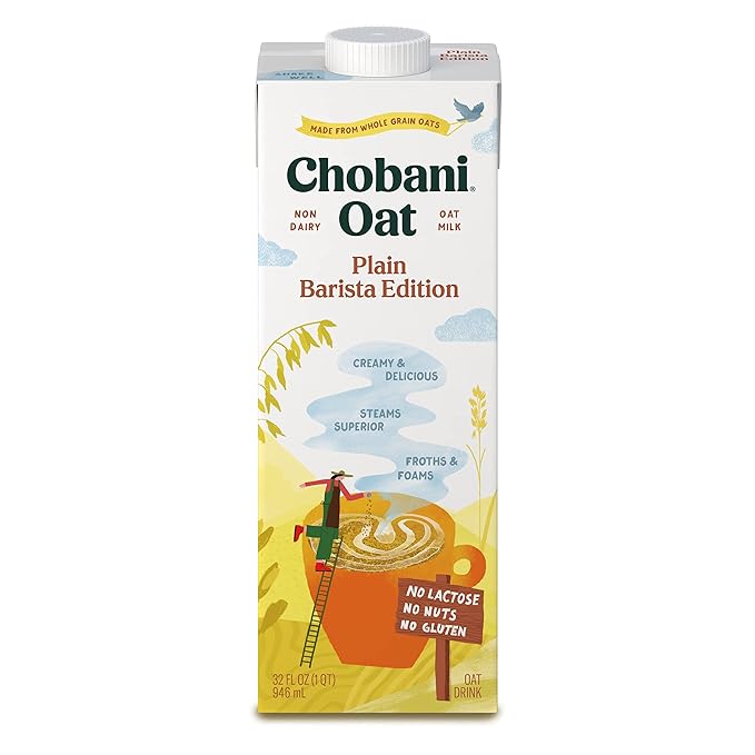 Chobani Oat Milk, Plain Oat Barista Edition, Shelf Stable Non Dairy Milk, Creamer, Vegan Friendly, Gluten-Free, 32 FL OZ (Pack-12)