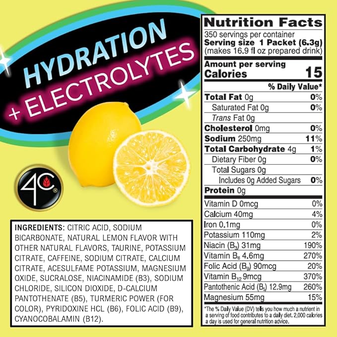 4C Powder Energy Rush Stix, Energy Rush - Lemonade Electrolyte 350 Count, Bulk Buy, Singles Stix, On the Go, Refreshing Water Flavorings, Value Pack