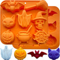 2 Pack Halloween Chocolate Candy Silicone Mold Halloween Molds Ghost Pumpkin Bat Skull Witch Hat Gummy Fondant Baking Mold for DIY Ice Cube Sugar Halloween Party Cupcake Cake Decorating
