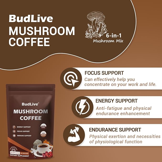 Organic Mushroom Coffee with Lion's Mane, Reishi & Cordyceps – 6 Mushroom Adaptogen Blend for Focus, Energy, Digestion & Immune Support, Low Acid Instant Coffee Powder, 30 Servings