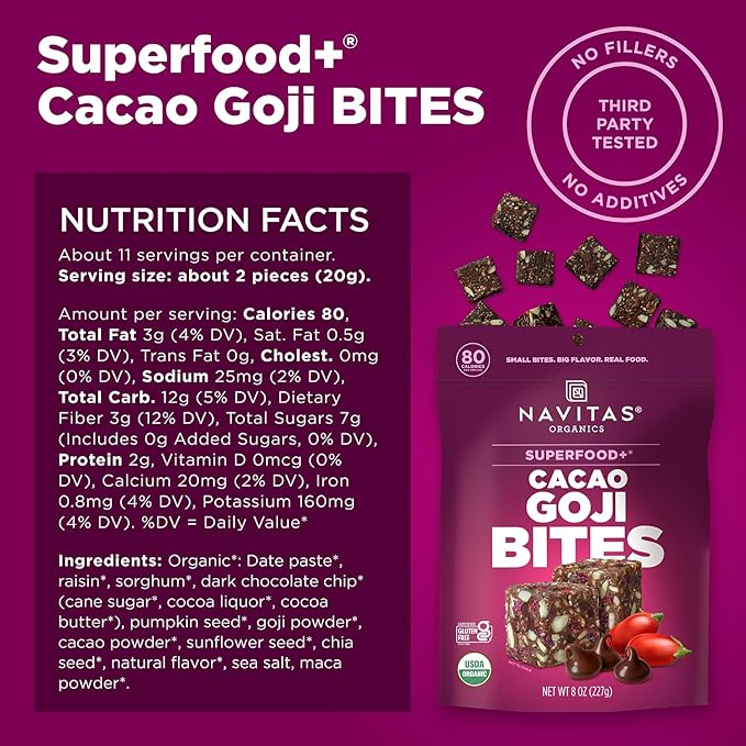 Navitas Organics Superfood Power Snacks, Cacao Goji, 8 oz. Bag, 11 Servings — Organic, Non-GMO, Gluten-Free