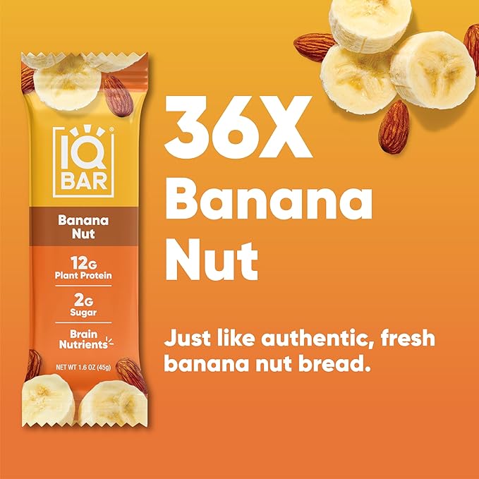 IQBAR Brain and Body Plant Protein Bars - Banana Nut - 36-Count - Keto, Vegan, Low Carb, High Fiber, Gluten Free, Dairy Free, Low Sugar Snack with Nutrients for Focus, Energy, Meal Replacement