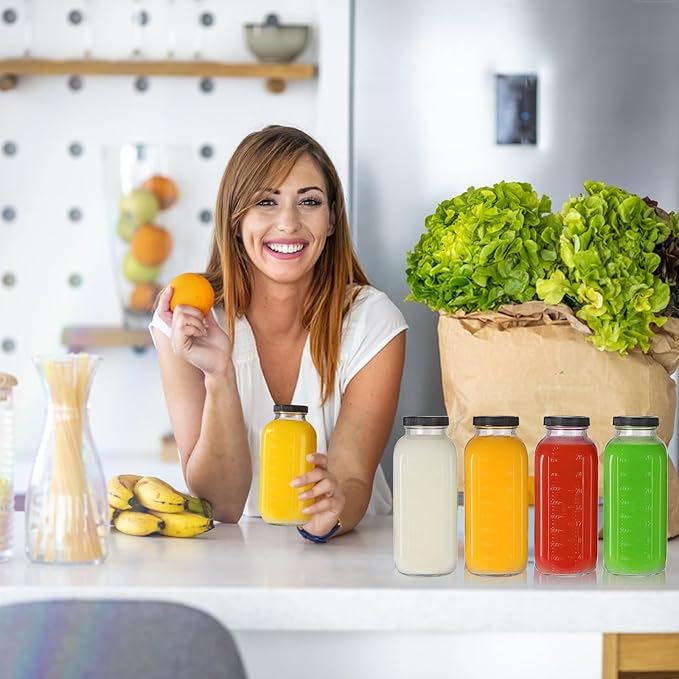 STARSIDE 32 oz Glass Juice Bottles with Lids 2 Pack - Square Reusable Drinking Jars for Juicing, Milk, Kombucha - Includes 1 Bottle Brush, 6 Colored Labels