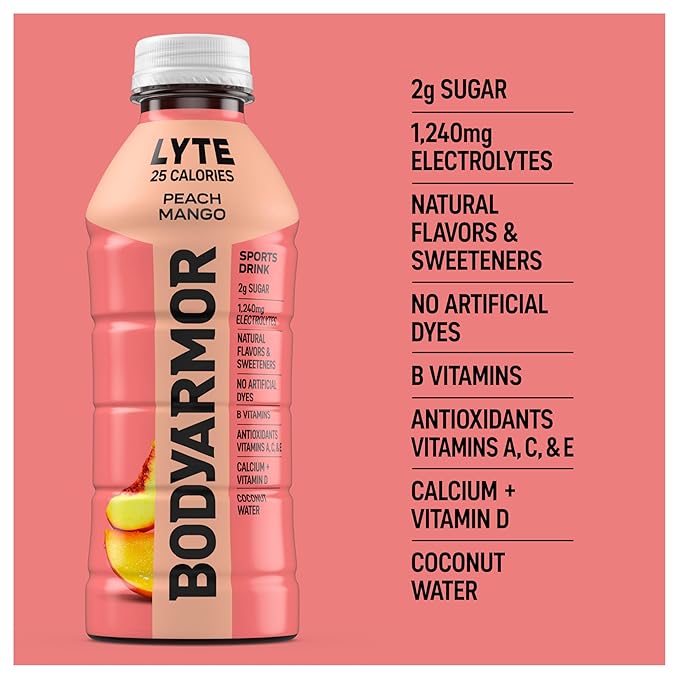 BODYARMOR LYTE Sports Drink Low-Calorie Sports Beverage, Peach Mango, Coconut Water Hydration, Natural Flavors With Vitamins, Potassium-Packed Electrolytes, Perfect For Athletes, 20Fl Oz (Pack of 6)