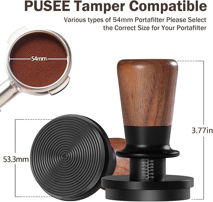 PUSEE 53.3mm Espresso Tamper,Calibrated Tamper with 30lbs Double Spring Loaded Tamper Walnut Wood Coffee Tamper for Barista Home,Titanium PVD Coating Base Tamper Espresso Tool Fits 54mm Portafilters