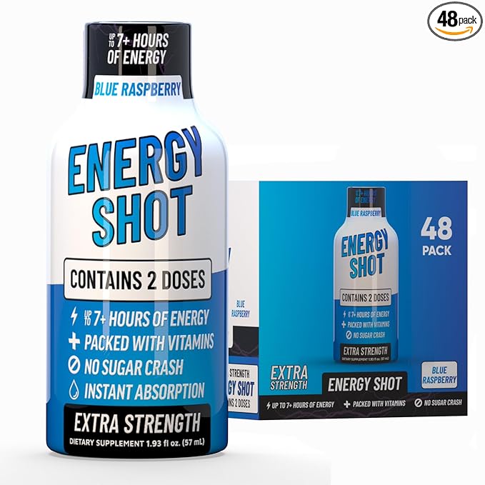 Blue Raspberry Extra Strength Energy Shot 48 pk – 260mg Natural Caffeine B12 B6 – Energy & Focus Support – 2 Servings Sugar Free Zero Calorie Green Tea B-Vitamins Electrolytes Vegan – 1.93 fl oz