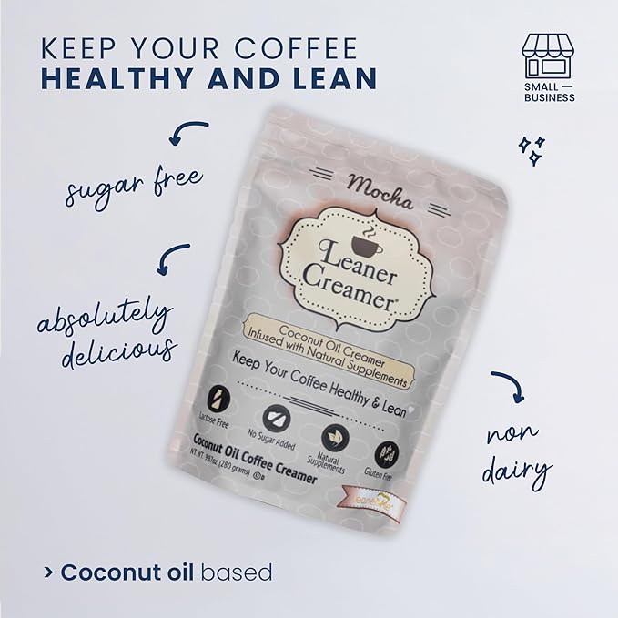 Leaner Creamer Natural Coconut Oil Based Lactose Free Gluten-Free and Sugar-Free Coffee Creamer Powder Infused with Supplements, Decadent Mocha (9.87oz Pouch)