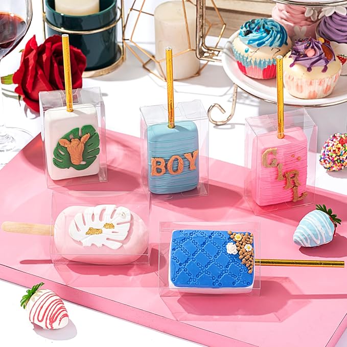 RomanticBaking 100 Pack 3.5"x 2.4"x 1.38" Clear Rice Krispie Treat Boxes with Hole for Cakesickle,Small Macaron,Candy,Treat Boxes Graduation Bab Show Party Favors Box