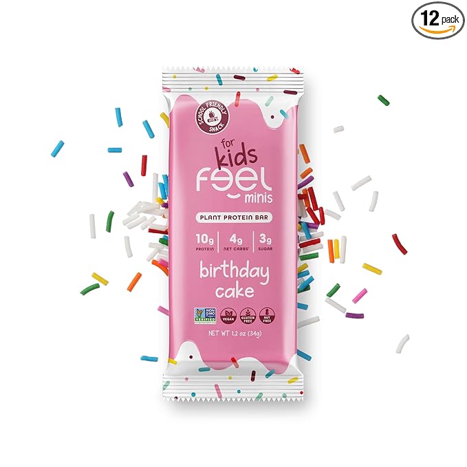 Feel Bar Minis – Kids Protein Bars | Birthday Cake | 10g Plant Protein | 100 Calories | No Added Sugar | + Daily Veggies | Gluten Free, No Nuts, No Soy, No Dairy, No Grains (12 Pack)