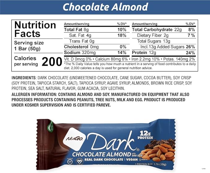 NuGo Dark Chocolate Almond With Sea Salt, 12g Vegan Protein, 200 Calorie, Gluten Free, 12 count