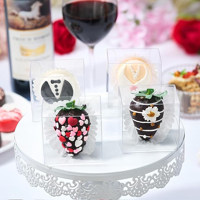 100 Pcs 2.5" X2.2" X2" Clear Small Bakery Treat Boxes Single Chocolate Covered Strawberries Box Macaron Gift Boxes Mini Cinnamon Roll Boxes for 2 for Birthday Wedding Christmas, Valentine's