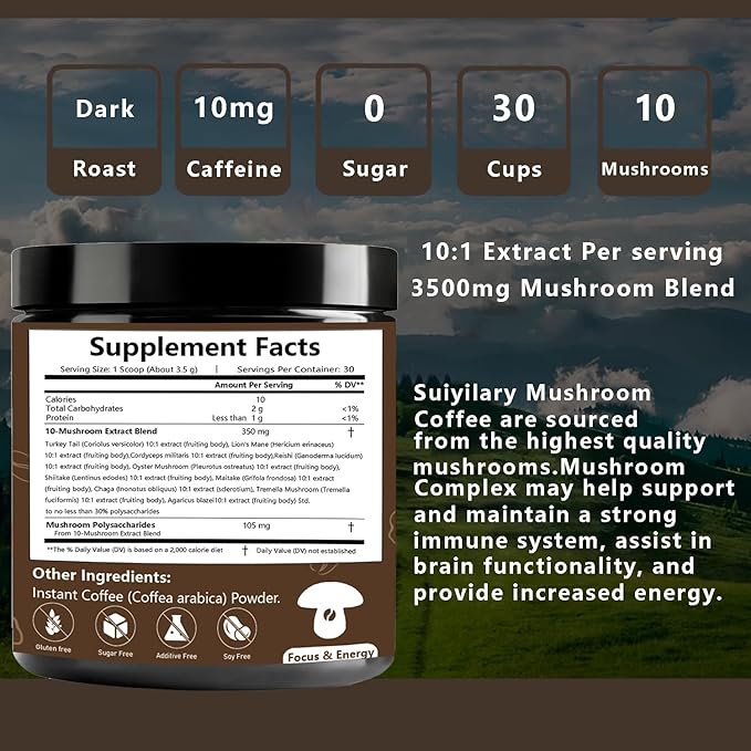 10 Mushroom Coffee with Arabica w, Lion's Mane, Reishi, Mushroom Polysaccharides & More, 3500mg(10:1) Extract Instant Mushrooms Powder for Focus, Immunity Boost
