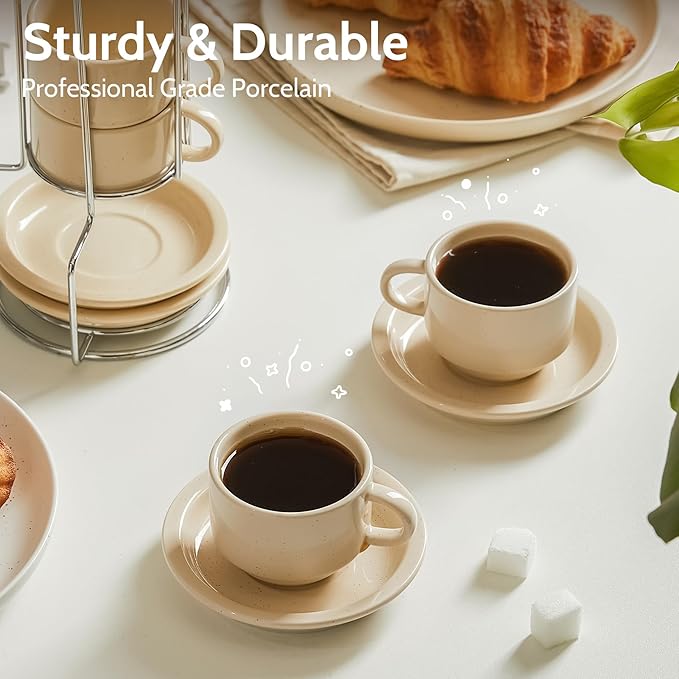 Sweese 8oz Porcelain Cappuccino Cups Set with Saucers, Metal Stand - Stackable, Durable for Coffee, Latte, Tea - Beige, 4 Pack