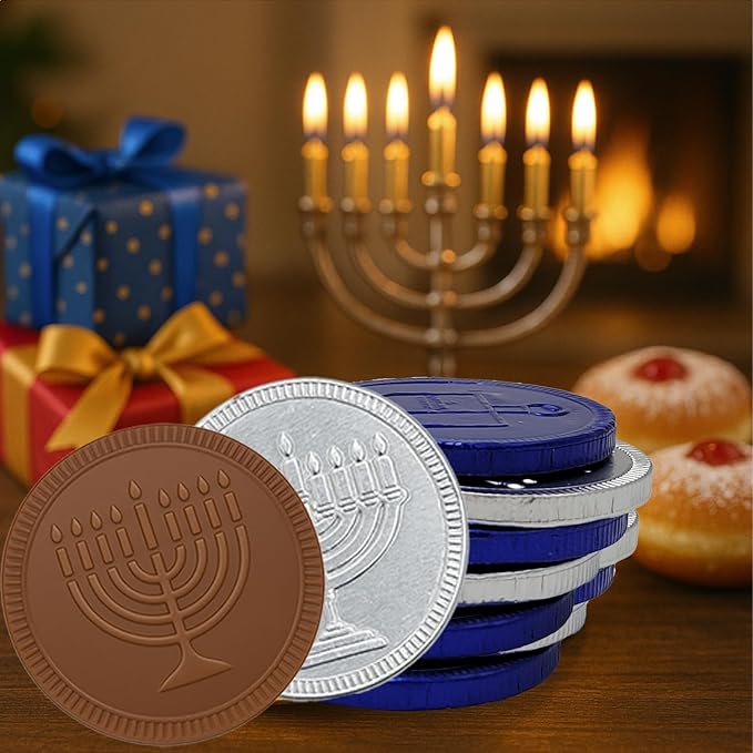 The Dreidel Company Blue & Silver Hanukkah Milk Chocolate Coins, Hanukkah Design Gelt, Gluten Free, Non GMO, Kosher Certified OU-D (50-Pack)