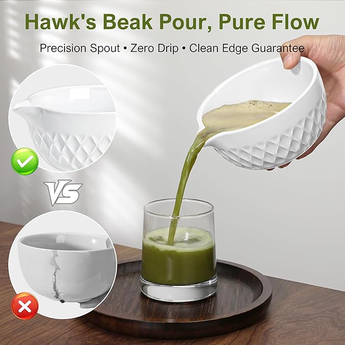 Matcha Whisk Set, 7 Pcs Matcha Kit, Ceramic Matcha Set Includes Matcha Bowl with Spout, Matcha Whisk and Holder, Bamboo Scoop, Scoop Rest, Sifter and Tea Towel (Ceramic White)
