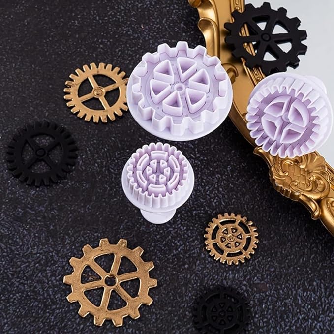 3Pcs White Gear Cookie Cutters, Steampunk Cogs Plunger Mold, 3D Gear Cookie Stamp Mold, Clock Wheel Biscuits Fondant Molds for Cake Cookie food Decoration Cookie Cutters Baking Tools