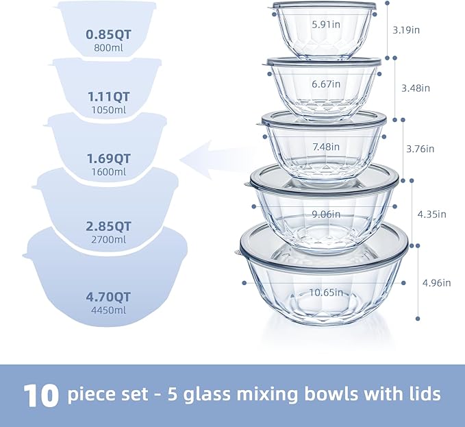 WhiteRhino Glass Mixing Bowls with Lids Set of 5（4.70QT,2.85QT, 1.69QT,1.11QT,0.85QT,Glass Bowls with Lids,Large Salad Bowls Space-Saving Nesting for Cooking,Baking,Prepping,Dishwasher Safe