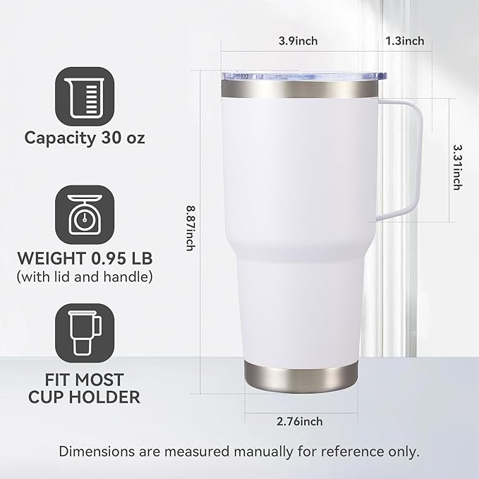 30 oz Tumbler with Handle and Lid, Stainless Steel Tumblers Double Wall Vacuum Insulated Travel Mug Leak Proof Cup Keep Drinks Cold and Hot White, 1 Pack