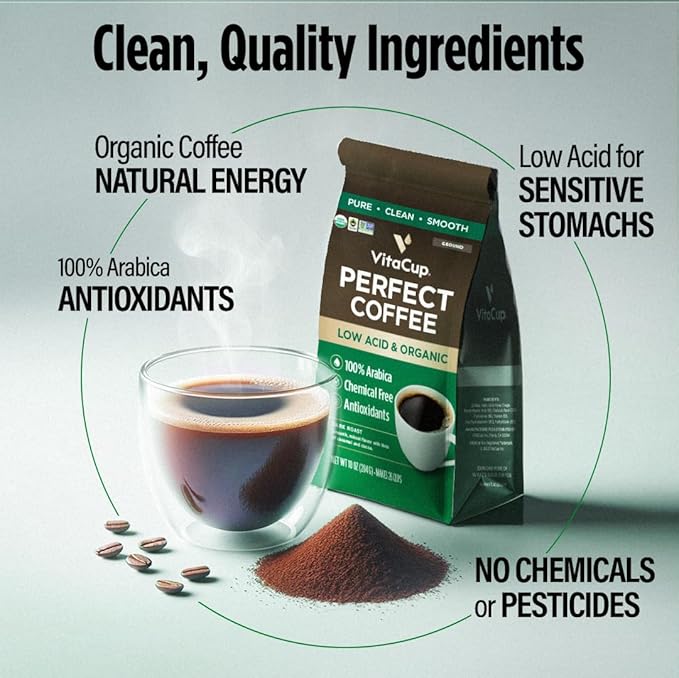 VitaCup Perfect Low Acid Coffee Ground, USDA Organic & Fair Trade, Mycotoxin Free, Dark Roast Guatemala Single Origin, Clean & Pure for Drip Coffee Brewers and French Press, 4 bags, 11oz each