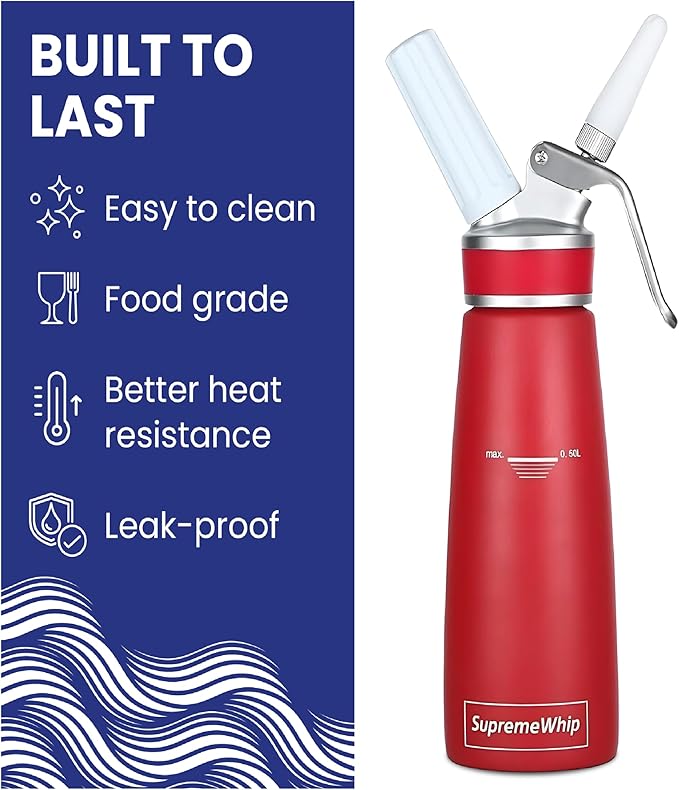 PRO Cream Dispenser, Durable High-Grip, Metal Lid with Rubber, 3 Nozzles, for Hot/Cold Use, Cleaning Brush Included, Red - 500 ml / 1 Pint