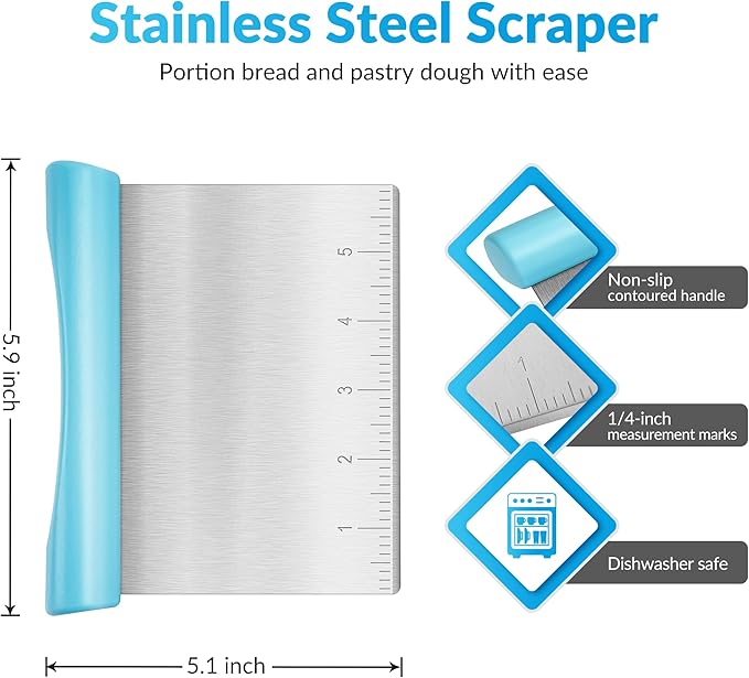 Rainspire Bench Scraper, Stainless Steel Dough Scraper, Pastry Scraper, Pizza and Dough Cutter Multi-Purpose Scraper/Chopper, Pizza Cutter Food Chopper Baking Supplies Kitchen Gadgets, Blue