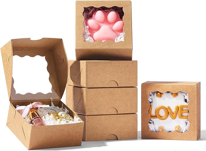 3.2x3.2x1.5 Inches 50PCS Mini Bakery Boxes with Window for Cookies, Soap, Chocolate Truffle, Donut, Macaron(Brown)