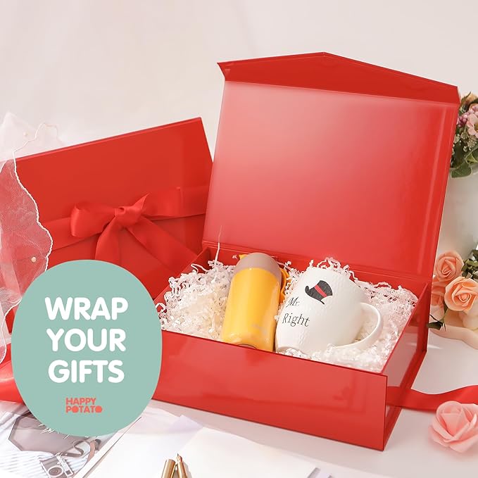 HAPPY POTATO Large Christmas Gift Box with Ribbon 11.5x8.1x3.8 Inches, Red Box with Lid, Bridesmaid Proposal Box, Magnetic Gift Box for Presents (Glossy Red)